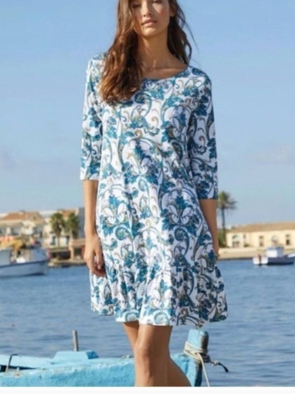 Peruvian Connection Teal White Paisley Dress blue Floral dress l large cotton
